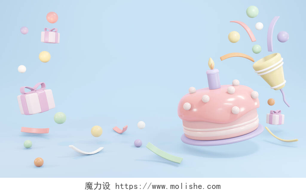 蓝色清新背景下的粉色蛋糕在生日派对背景的粉刷主题概念中，用蜡烛和派对吹毛求疵的方式3D渲染生日蛋糕。3D渲染示例.